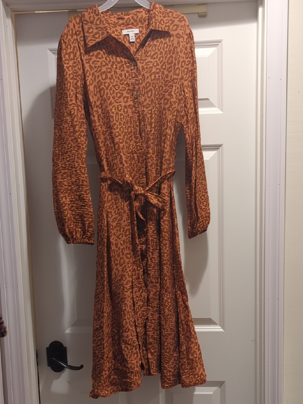 Nine West Rust Leopard-Print Long Sleeve Shirt Dress